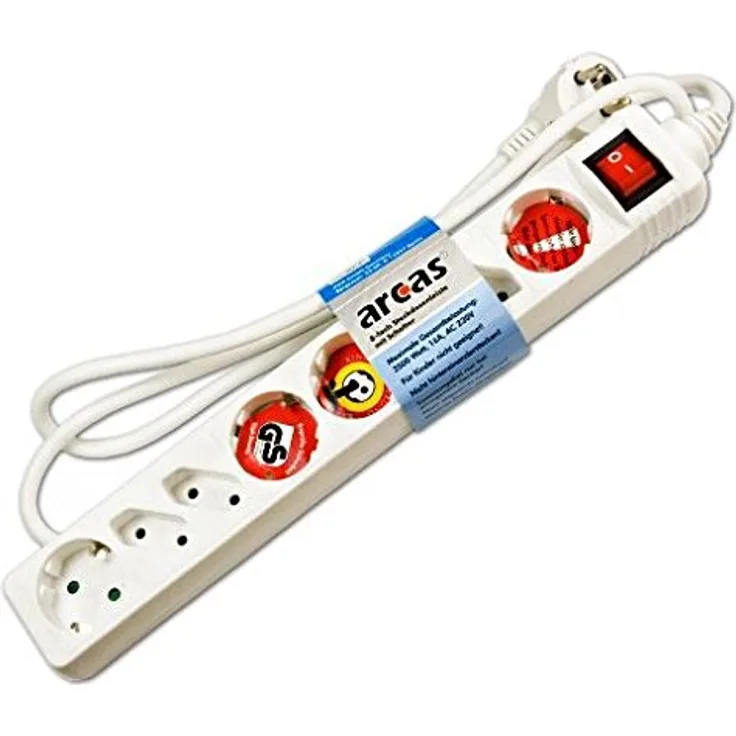 Arcas 92700007 Steckdosenleiste 8-fach mit Schalter, Kinderschutz 1,5m weiß