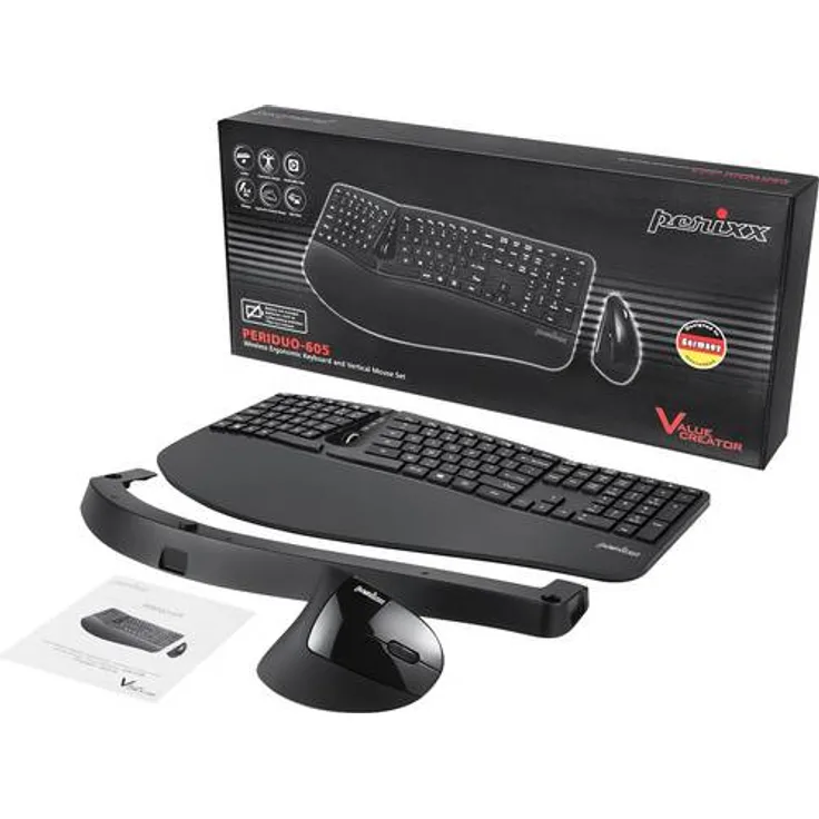 Perixx PERIDUO-605BDE Funk Tastatur, Maus-Set Deutsch, QWERTZ, Schwarz Ergonomisch, Multimediatasten, Handballenauflage