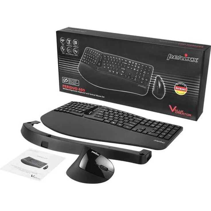 Perixx PERIDUO-605BDE Funk Tastatur, Maus-Set Deutsch, QWERTZ, Schwarz Ergonomisch, Multimediatasten, Handballenauflage – Bild 1