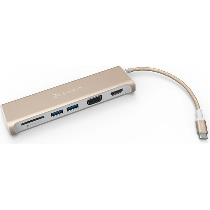 Adam Elements CASA HUB A03 - USB-C Multi-Port Adapter Aluminium 2x USB 3.1, 1x HDMI, 1x VGA, SD-Kartenleser, 4K HDMI und FullHD VGA - Gold