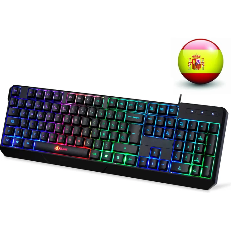 KLIM Chroma Tastatur Gamer SPAIN mit USB-Kabel - Hohe Leistung - bunte Beleuchtung Gaming Tastatur ( schwarz ) RGB PC Windows, Mac
