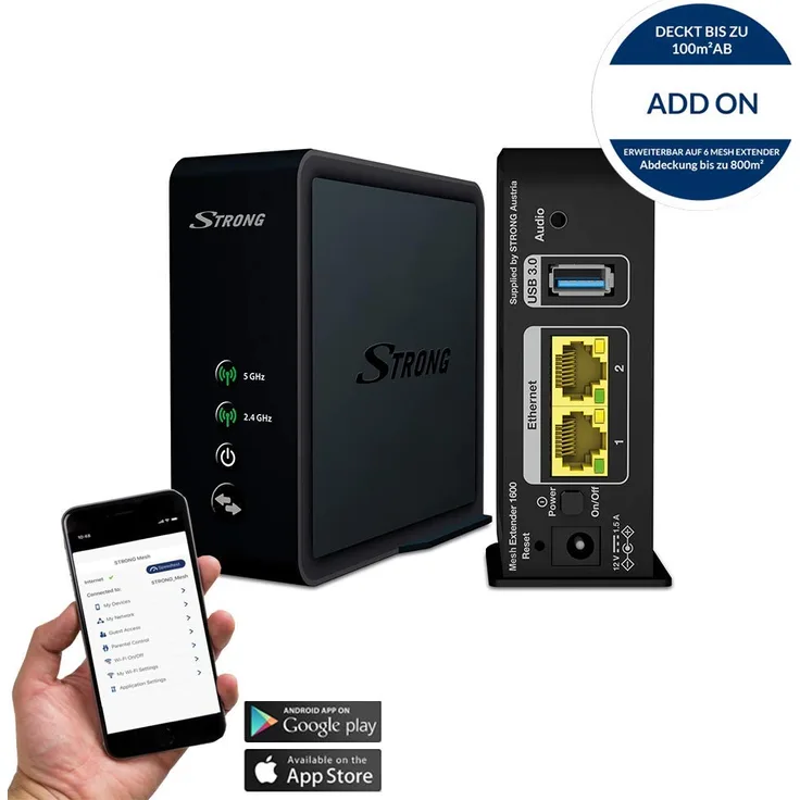 STRONG WiFi Mesh Home Kit 1600 Add-OnWLAN Verstärker bis 1600 Mbit-s, 100 m², Dual Band, 2x Gigabit LAN, USB 3.0schwarz