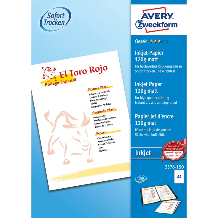 AVERY Zweckform 2576-150 Classic Inkjet Papier (A4, einseitig beschichtet, matt, 120 g-m²) 150 Blatt