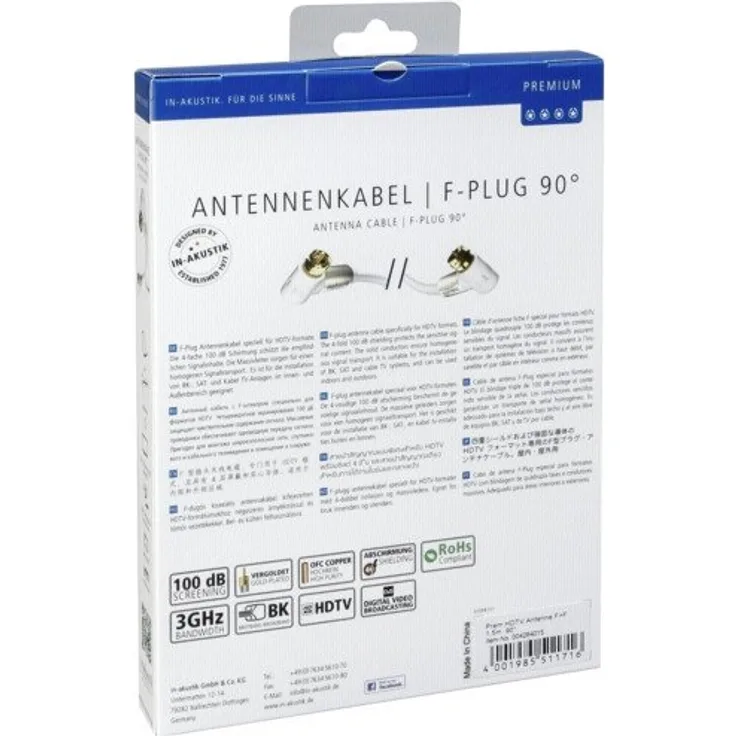 in-akustik Premium HDTV 100 dB Antennenkabel F-Stecker 90° 1,5