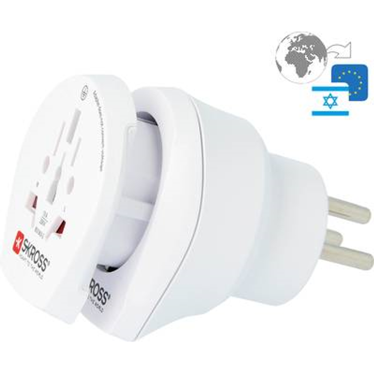 SKROSS 2in1 Reisestecker - für Israel und Europa - Reiseadapter zur Anwendung von Geräten mit Schuko- oder Eurostecker in Israel-Extra Adapteraufsatz für Internationale Geräte in Europa und Israel