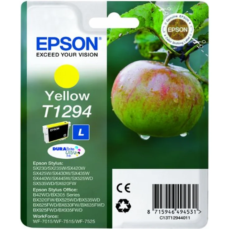 Epson Original T1294 Apfel Tinte (SX420W BX320FW SX620FW BX-SX525WD BX625FWD BX305FW B42WD BX925FWD BX635FWD BX535WD SX435-440W BX630FW SX235W WF7015 7515 7525 3010 3520 3540) gelb – Bild 1