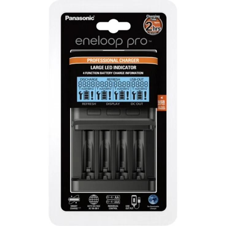 Panasonic eneloop pro, Intelligentes Schnellladegerät mit LCD-Display, für 1-4 Ni-MH Akkus AA-AAA, mit Refresh-Modus