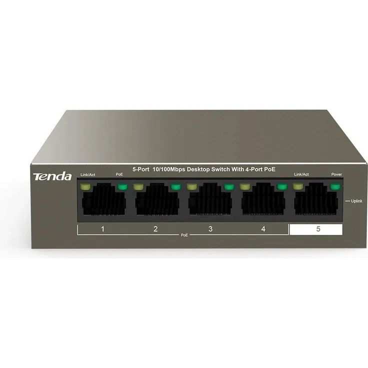 Tenda TEG1105P - 5 Port Gigabit PoE-Switch, 58 Watt, 4x PoE, Zusätzlich 1x Uplink, Vollduplex, Metallgehäuse, 250 Meter, Plug & Play