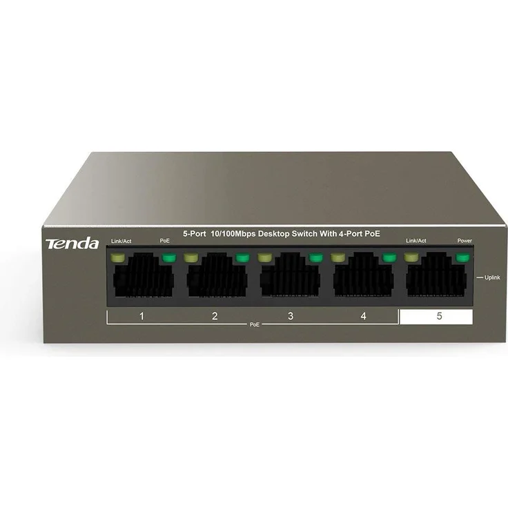 Tenda TEG1105P - 5 Port Gigabit PoE-Switch, 58 Watt, 4x PoE, Zusätzlich 1x Uplink, Vollduplex, Metallgehäuse, 250 Meter, Plug & Play – Bild 1