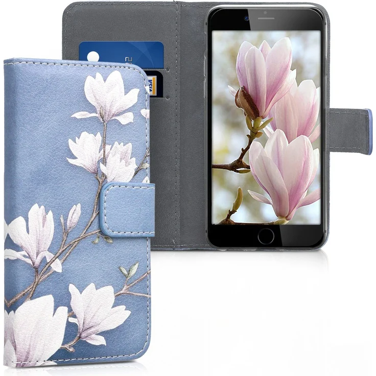 kwmobile Handyhülle, Hülle für Apple iPhone 6 - 6S - Polyurethan Handy Wallet Case mit Kartenfächern und Stand - Magnolien Design
