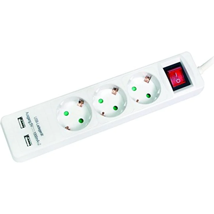 LogiLink LPS213U - Steckdosenleiste 3-Fach, 3X abgewinkelte Schutzkontakt Buchsen, 2X USB Ports, 1000 mA, An-/Aus Schalter, mit eingebautem Safety Shutter (erhöhter Berührungsschutz), weiß