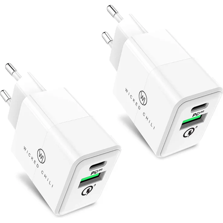 Wicked Chili 2X 20W Dual USB Netzteil USB-A QC 3.0 + USB-C PD 3.0 - Set mit 2 Schnellladegeräten, 2 Dual-Port Lade-Adapter für Handy kompatibel mit Xiaomi, Samsung, iPhone 12, Magsafe-Ladegerät