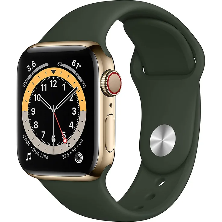 Apple Watch Series 6 Smartwatch GPS + Cellular, 40mm, Edelstahlgehäuse Gold, Sportarmband Zyperngrün
