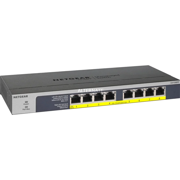 Netgear GS108PP 8-Port Gigabit Ethernet LAN PoE Switch Unmanaged (mit 8x PoE+ 123W erweiterbar, Desktop- oder Rack-Montage mit ProSAFE Lifetime-) – Bild 1