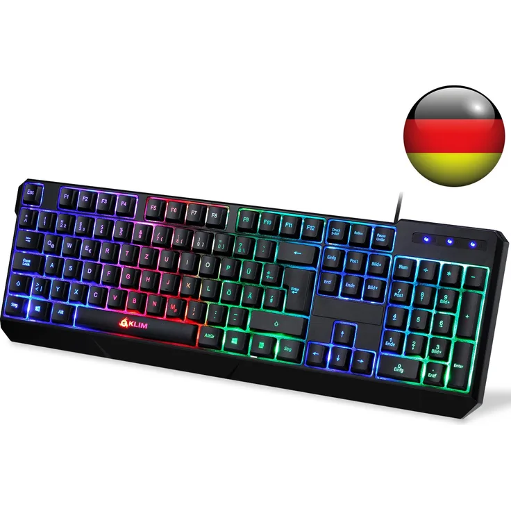 KLIM Chroma Tastatur Gamer QWERTZ DEUTSCHE mit USB Kabel - Hohe Leistung - bunte Beleuchtung Gaming Tastatur ( schwarz ) RGB PC Windows, Mac