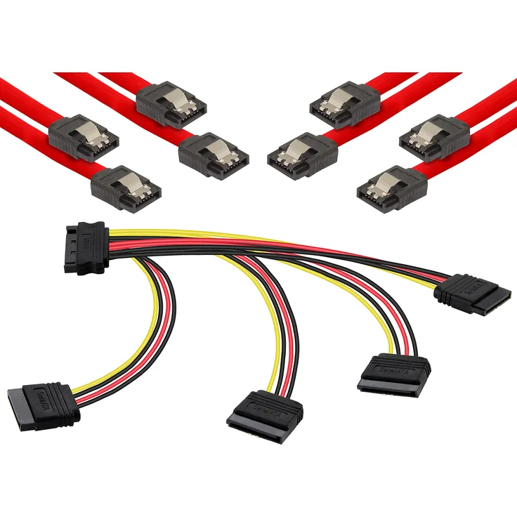 Poppstar SATA Kabel Set (Stecker gerade), 4x 0,5m Sata 3 Datenkabel, rot + 20cm 4-Fach Sata Y-Stromkabel Adapter