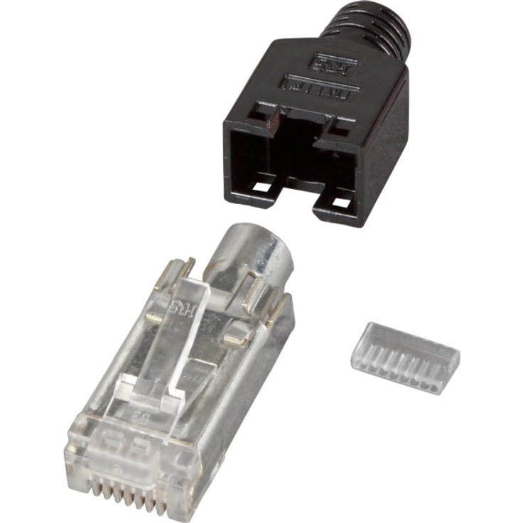 EFB-Elektronik GmbH RJ45-Hirose Stecker STP, TM11 schwarz, 50 Stück, 3 Elemente, Cat.5e, Bis 100 MHz (Cat.5e) für Litzen Geschirmte Ausführung Aderisolierung ca. 0.9 - 1.0 mm Kabeldurchmesser max. 5.8 mm Das Set besteht aus RJ-Stecker 
