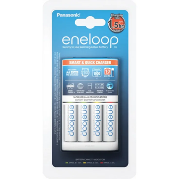 Panasonic eneloop pro, Intelligentes Schnellladegerät, für 1-4 Ni-MH Akkus AA-AAA, mit LED-Anzeige und Einzelschachtüberwachung, inklusive 4x eneloop pro, AA Mignon, min. 2500 mAh, 500 Ladezyklen