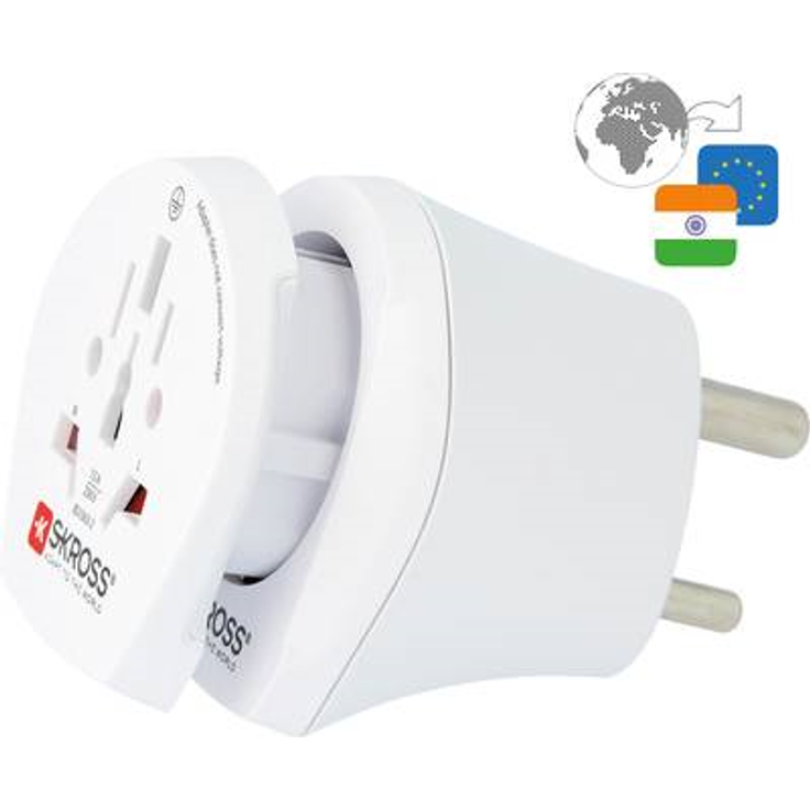 SKROSS 2in1 Reisestecker - für Indien und Europa - Reiseadapter zur Anwendung von Geräten mit Schuko- oder Eurostecker in Indien-Extra Adapteraufsatz für Internationale Geräte in Europa und Indien
