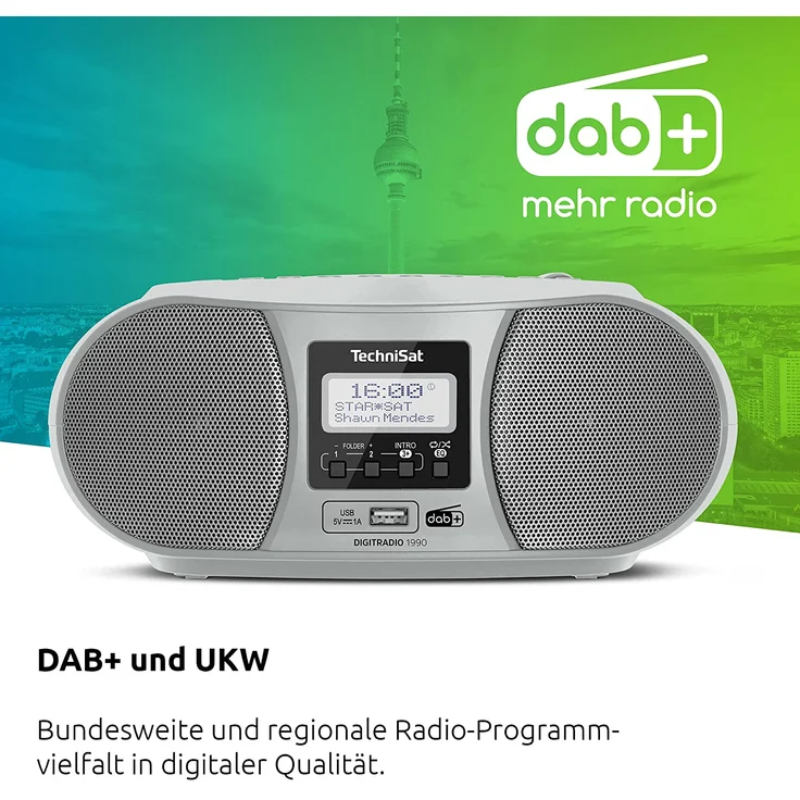 TechniSat DIGITRADIO 1990 - Stereo-Boombox mit DAB+/UKW-Radio und CD-Player (Bluetooth-Audiostreaming, Kopfhöreranschluss, USB, AUX in, Ladefunktion, Uhr, 2 x 1,5 Watt Ausgangsleistung) silber – Bild 3