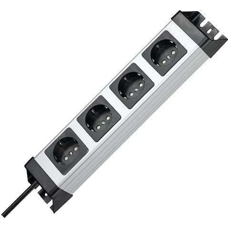 Kopp Powerversal Steckdosenleiste 4-fach, 1,40 m Zuleitung, 3600W-16A, 90° gedrehte Anschlüsse, Mehrfachsteckdose mit Schutzkontakt, Wandmontage, ohne Schalter, Farbe Silber-Schwarz, 226120010