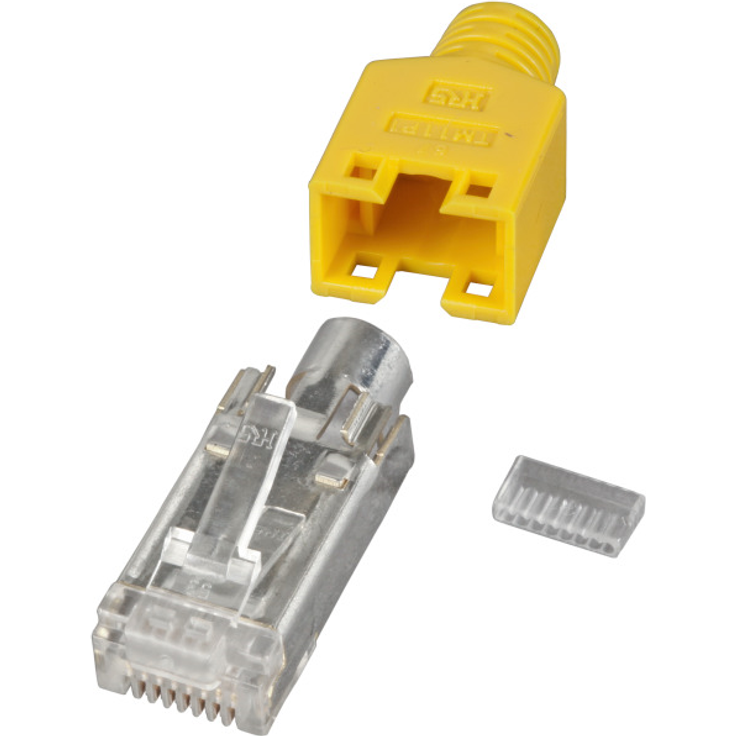EFB-Elektronik GmbH RJ45-Hirose Stecker STP, TM11 gelb, 100 Stück, 3 Elemente, Cat. 5e, Bis 100 MHz (Cat.5e) für Litzen Geschirmte Ausführung Aderisolierung ca. 0.9 - 1.0 mm Kabeldurchmesser max. 5.8 mm Das Set besteht aus RJ-Stecker (