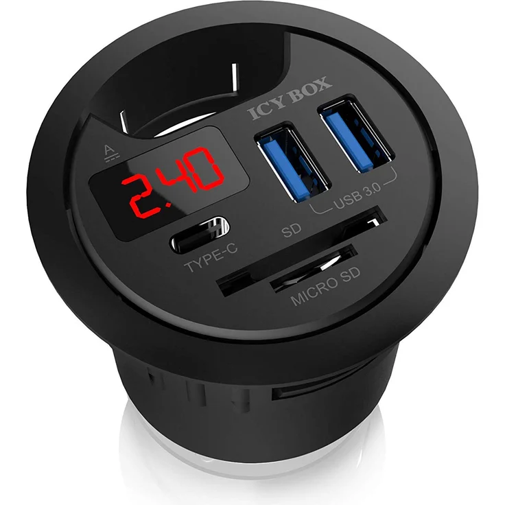 ICY BOX USB Tisch Hub zum Einbau, 60 mm, USB 3.0 Hub, USB-C, Ladefunktion, Kartenleser, Display mit Netzteil – Bild 5