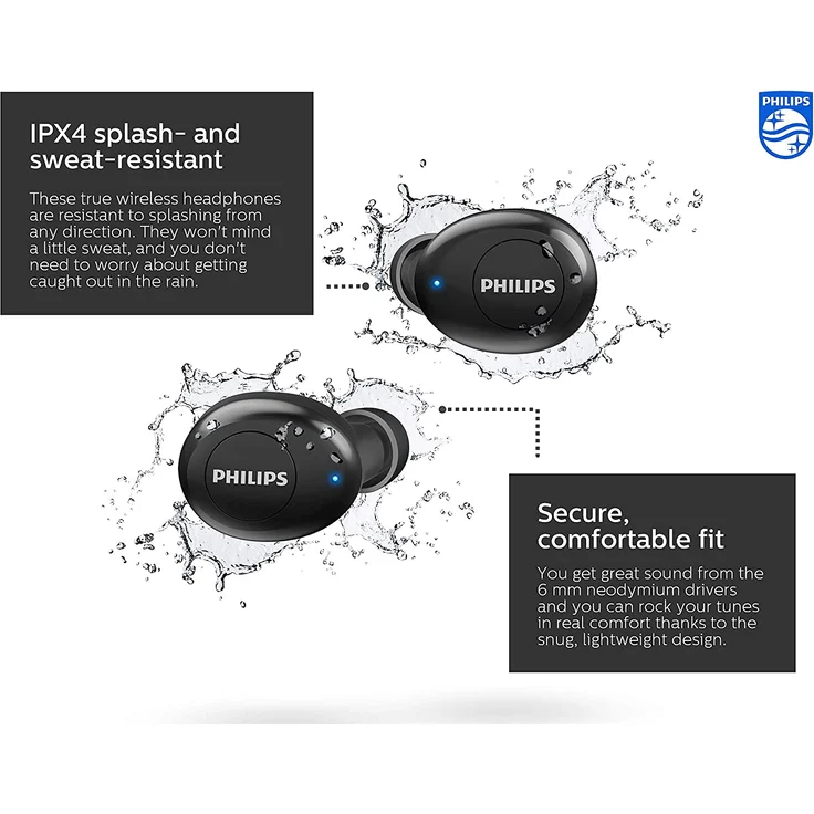 Philips T2205BK-00 True Wireless In-Ear Kopfhörer, mit Bluetooth, Mikrofon, spritzwassergeschützt, schwarz – Bild 2