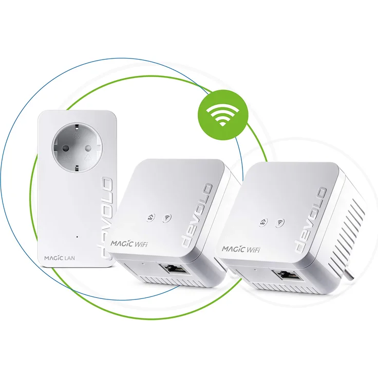 devolo Magic 1 1200 WiFi mini Multiroom Kit: Kompaktes Set mit 3 Powerline-Adaptern, für raumübergreifendes WLAN (1200 Mbit-s, 2x Fast-Ethernet LAN-Anschlüsse, Mesh-WLAN, G.hn)