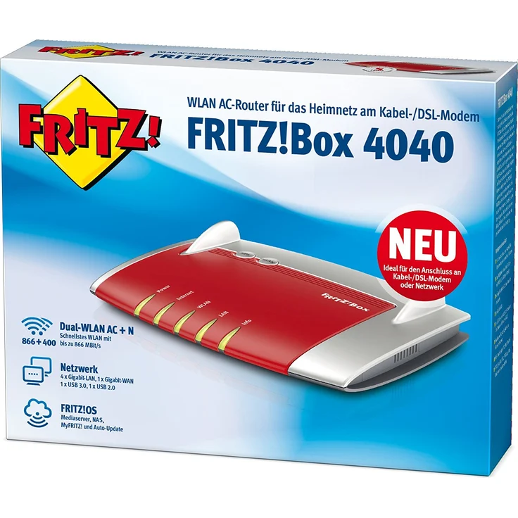 AVM FRITZ!Box 4040 WLAN Router (für den Betrieb an einem Modem am Kabel--DSL--Glasfaser-Anschluss, Dual-WLAN AC+N, 866 Mbit-s (5 GHz), 400 Mbit-s (2,4 GHz), Mediaserver, geeignet für Deutschland) – Bild 2