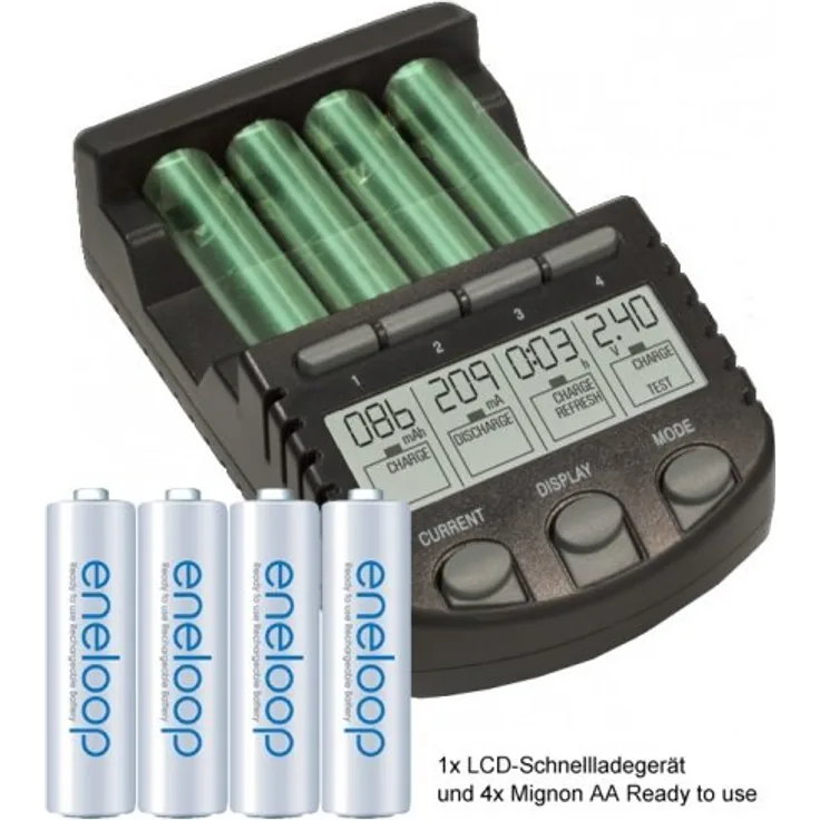 Schnelladegerät mit LCD-Display + 4x Sanyo Eneloop 2000mAh