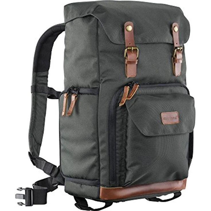 Mantona Luis Retro Fotorucksack (mit Echtleder-Applikationen, inkl. Regenschutzhülle, flexible Einteilung und Laptopfach, geeignet für 1x DSLR-Kamera, 3x Objektive und diverses Fotozubehör) grün – Bild 1
