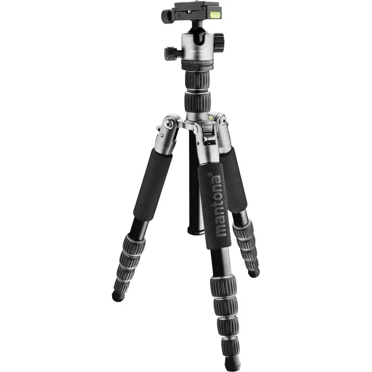 Mantona light traveller – leichtes Aluminium Reisestativ, extrem leicht 1,1kg und kompakt 30,5 cm, Einbeinfunktion, 360° Panorama Kugelkopf Arca-Swiss kompatibel, mit Tasche, schwarz-grau – Bild 1