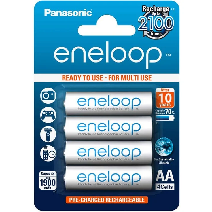 Panasonic eneloop, Ready-to-Use Ni-MH Akku, AA Mignon, 4er Pack, min. 1900 mAh, 2100 Ladezyklen, starke Leistung und geringe Selbstentladung, wiederaufladbare Akku Batterie