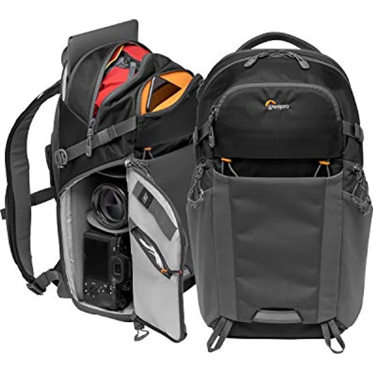 Lowepro LP37260-PWW Photo Active Outdoor-Fotorucksack (mit QuickShelf Einteiler, fasst 12“ Laptop-iPad- 2L Trinkbeutel, für CSC von Sony, Canon, Nikon, Gimbals, Drohnen, DJI, Osmo, Mavic) schwarz-grau