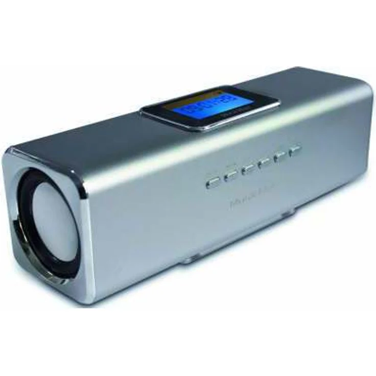 Musicman MA Soundstation Stereo-Lautsprecher mit integriertem Akku und LCD Display (MP3 Player, Radio, MicroSD Kartenslot,USB Steckplatz) silber – Bild 1