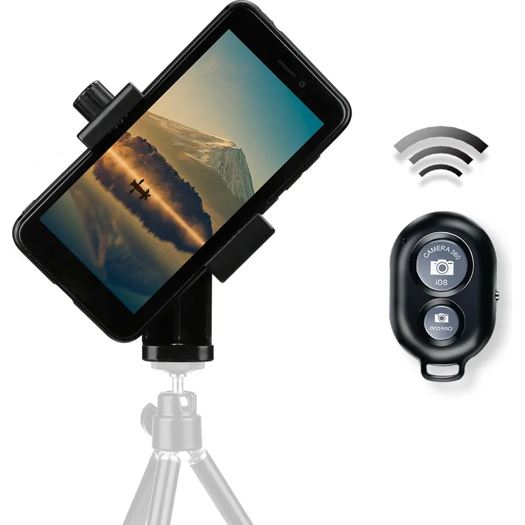 AFAITH Handy-Stativ-Adapter, Universal Smartphone-Mount-Adapter-Halter + Bluetooth Auslöser Fernbedienung für iPhone 7 Plus / 7 / 6 Plus / 6s Samsung Galaxy S7 Edge S8+ LG V10 V20 Pixel XL Note 5 Drehen vertikal oder horizontal PA074