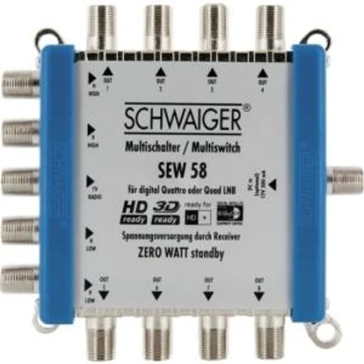 Schwaiger SEW58 531 Multischalter (bis zu 8 Teilnehmer, kein Netzanschluss nötig, DVB-T2 geeignet) Silber