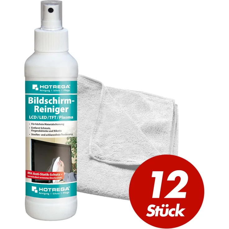 12 Stück HOTREGA Bildschirmreiniger LCD/Plasma & TFT 250 ml, Microfasertuch SET mit Anti-Statik-Schutz