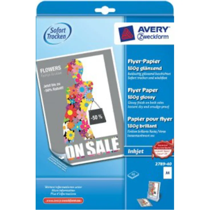 AVERY Zweckform 2789-40 Inkjet Flyer-Papier (A4, beidseitig beschichtet, glänzend, 180 g-m², 40 Blatt) - Preisvergleich