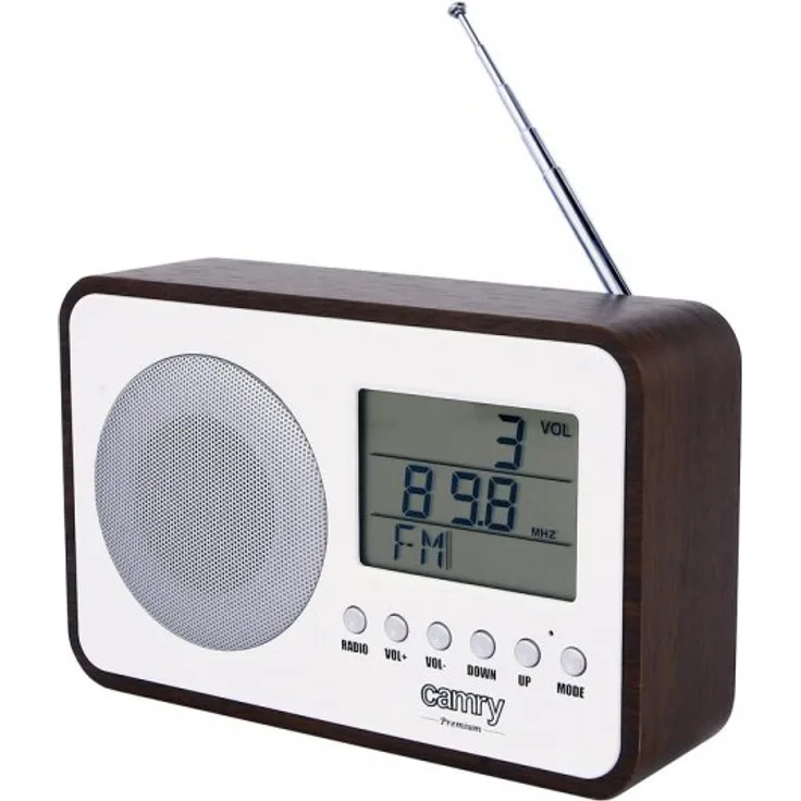 Camry CR 1153 FM-Digitalradio Weiß/Braun Retro-Holz-Design LCD-Anzeige Kalender Temperatur Wecker