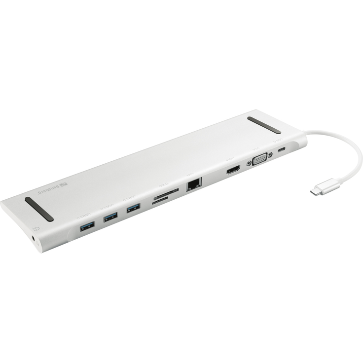 Sandberg USB-C 10-in-1 Docking Station. Übertragungstechnik: Verkabelt, Hostschnittstelle: USB 3.0 (3.1 Gen 1) Type-C, USB-Stromversorgung bis zu: 100 W. Ethernet LAN Datentransferraten: 10,100,1000 Mbit/s. Produktfarbe: Aluminium, Kompatible Speicherkart