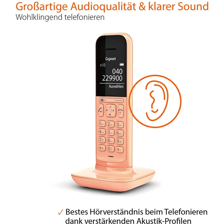 Gigaset CL390 schnurloses Design-Telefon ohne Anrufbeantworter, DECT Telefon mit Freisprechfunktion, großem Grafik Display, leicht zu bedienen mit intuitiver Menüführung, Cantaloupe, Analog-Telefon, orange – Bild 2