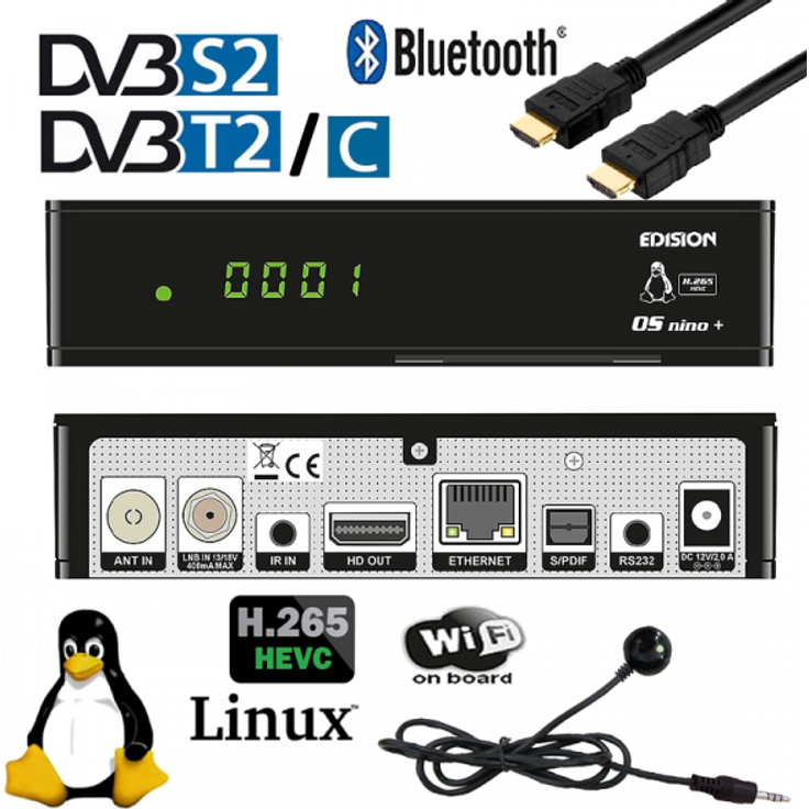 Edision OS NINO+ Full HD Linux E2 Combo-Receiver H.265-HEVC 1x DVB-S2, 1x DVB-T2-C, WLAN onboard, Bluetooth onboard, 2x USB, HDMI, LAN, Linux, Kartenleser schwarz – Bild 1