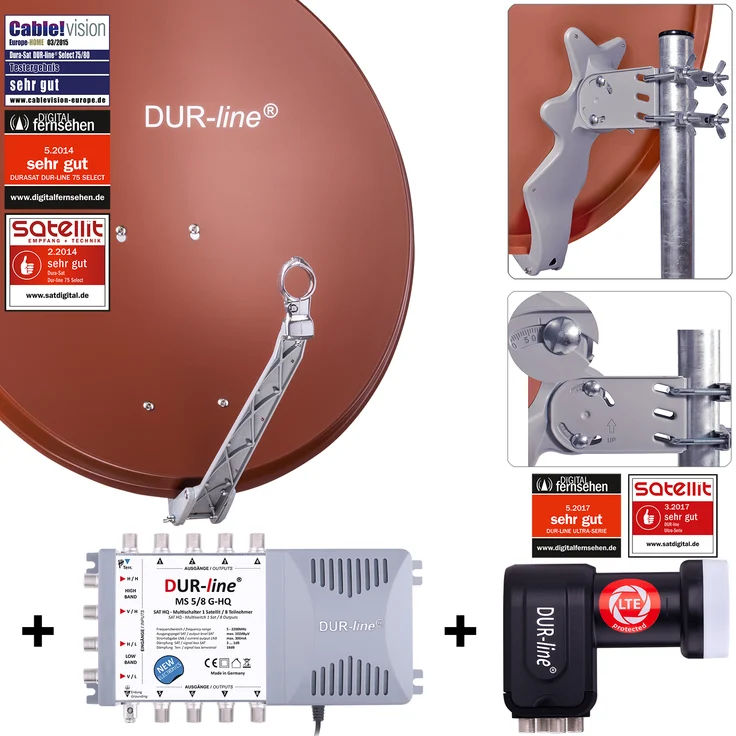 DUR-line 8 Teilnehmer Set - Qualitäts-Alu-Satelliten-Komplettanlage - Select 75cm/80cm Spiegel/Schüssel Rot + Multischalter + LNB - für 8 Receiver/TV [Neuste Technik, DVB-S2, 4K, 3D] – Bild 1