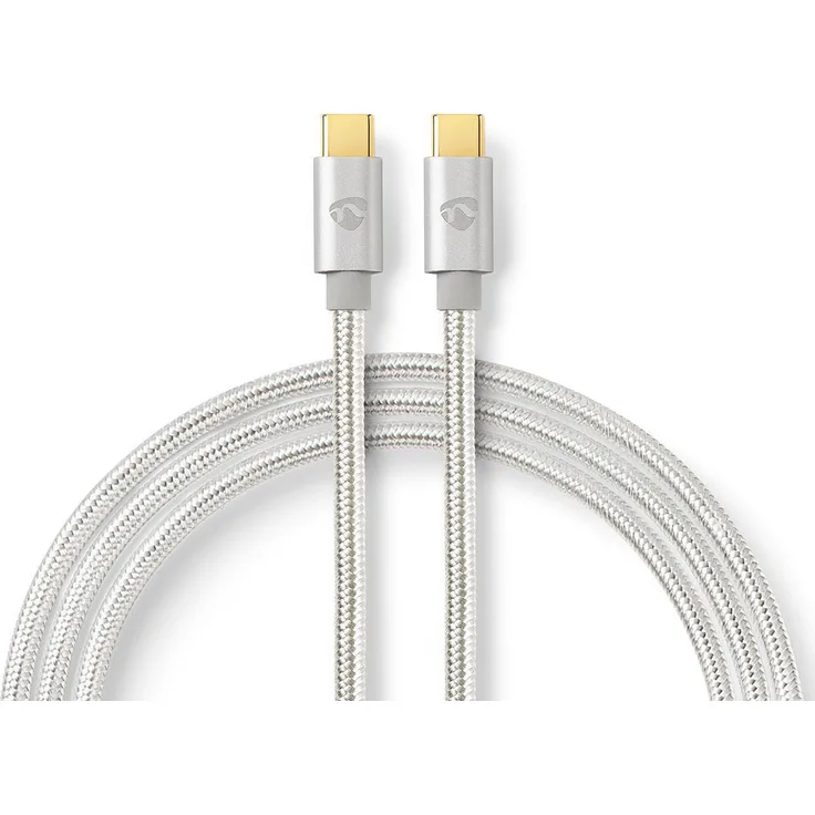 Nedis USB-Kabel, USB, USB-Typ-C Stecker, USB-Typ-C Stecker, Vergoldet, 2.00 m, rund, Geflochten - Nylon, Silber, Verpackung mit Sichtfenster