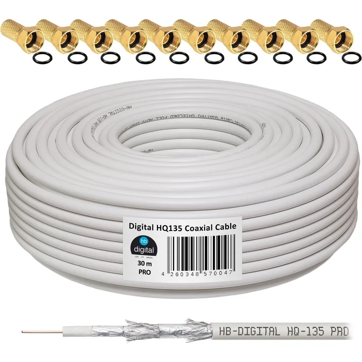 135dB 30m Koaxial SAT Kabel HQ-135 PRO 4-fach geschirmt für DVB-S / S2 DVB-C und DVB-T BK Anlagen + 10 vergoldete F-Stecker SET Gratis dazu