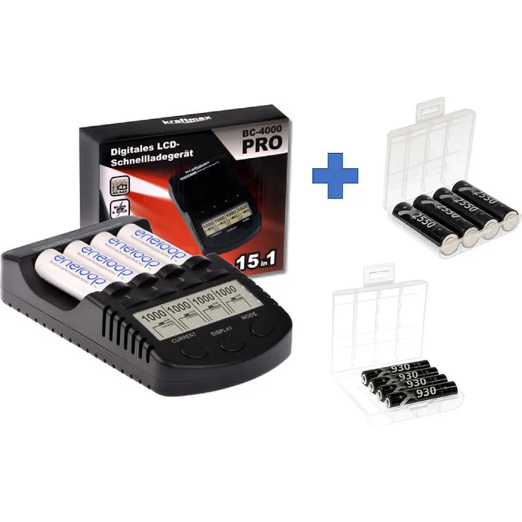BC-4000 Pro Akku & USB Ladegerät + 4x AAA 930mAh + 4x 2550mAh Akkus...