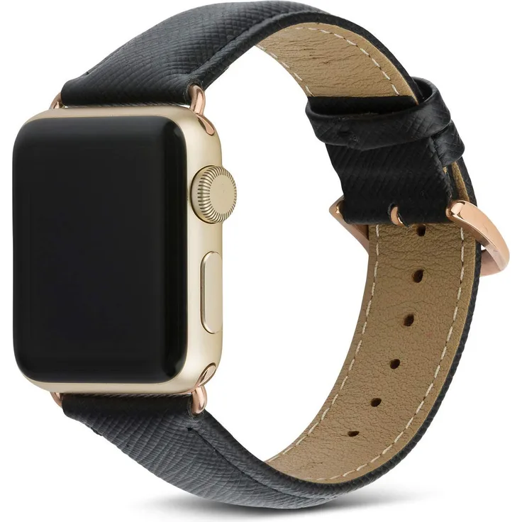 dbramante1928 Echtleder-Uhrenarmband für Apple Watch (38-40mm) - [Modell: Madrid, Saffianoleder, Handgefertigt, Farbe: night schwarz-gold] - AW38NBGO5141