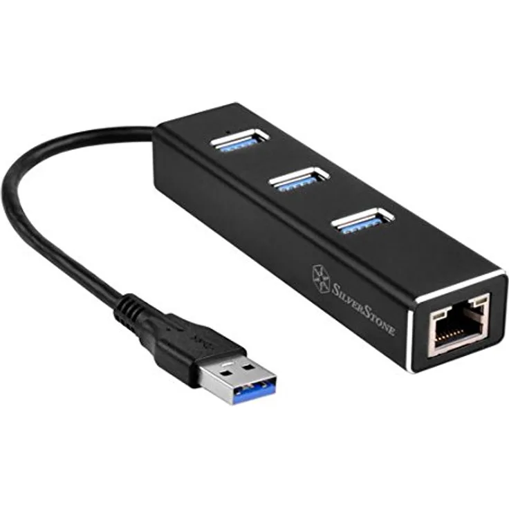 SilverStone SST-EP04 - 3-Port USB 3.1 Hub, Gen 1 Type A mit RJ45 Gigabit Ethernet Netzwerk Adapter, Aluminium